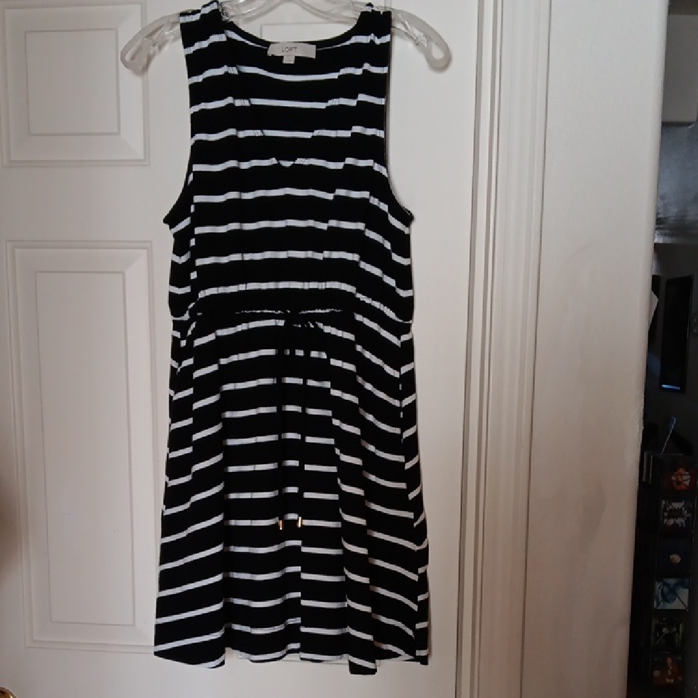 LOFT Black and White Striped Midi Dress